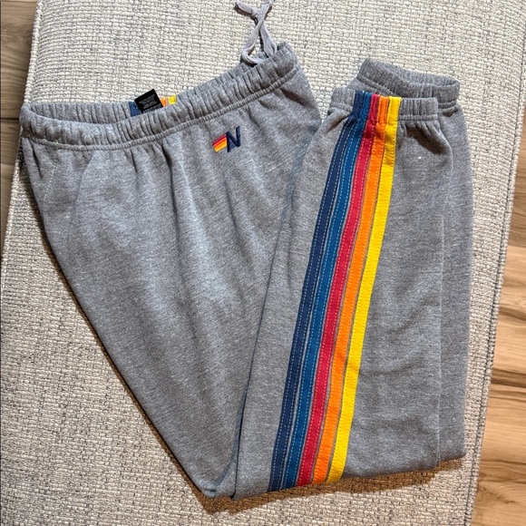 Aviator Nation 5 Stripe Rainbow Sweatpants Heathered Gray Women’s Large - Picture 2 of 6